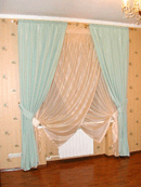 Design curtains. Roman curtains. Rolled curtains. Portieres. Wooden venetian blind